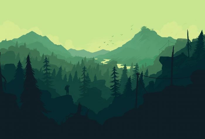 Картинка рисунок, лес, горы, наблюдательная вышка, игра Firewatch