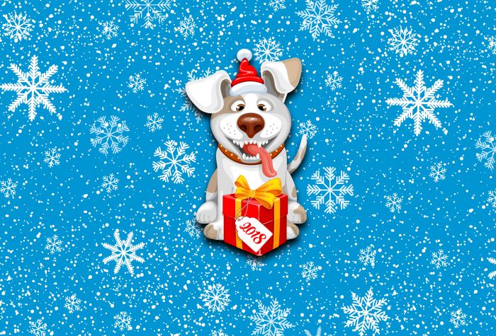 Картинка новогодняя собака с подарком на фоне снежинок