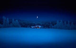 домик в лесу, зима, снег, ночь, луна