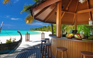 бар на берегу экзотического острова, пляж, пальмы, отдых