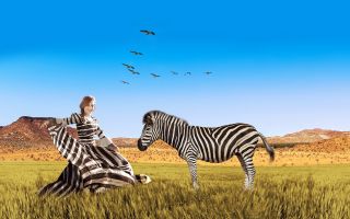 девушка в платье зебры возле животного, креативное фото