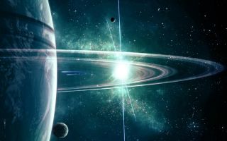 космические кольца планеты на фоне звезд и света