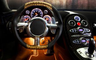 салон Bugatti Veyron Mansory, руль, педали, панель, спидометр