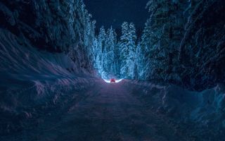 заснеженная дорога через зимний лес, ночь, сугробы снега