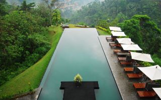 Бали, Индонезия, бассейн, шезлонги среди тропического леса