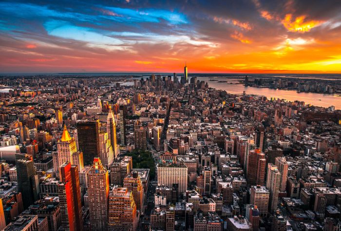 Картинка Нью Йорк фото города, небоскребы на закате солнца