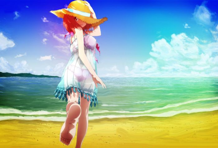 Картинка аниме девушка в шляпе на пляже возле моря