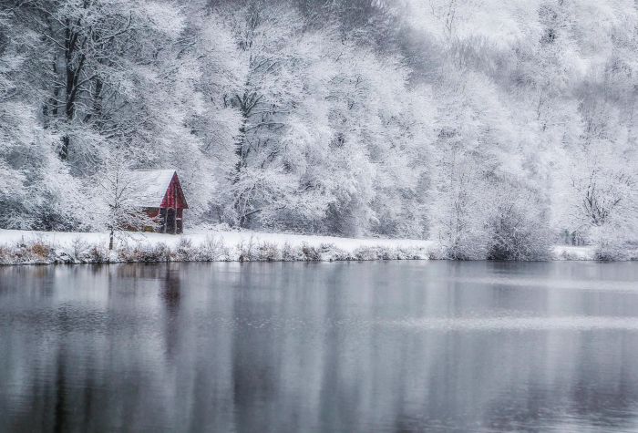 Картинка домик в зимнем лесу покрытым снегом возле озера
