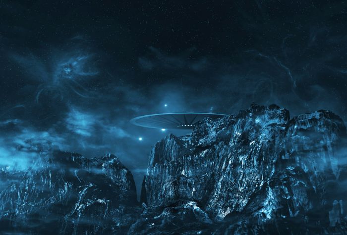 Картинка вторжение НЛО, ночь, скалы, хмурое небо
