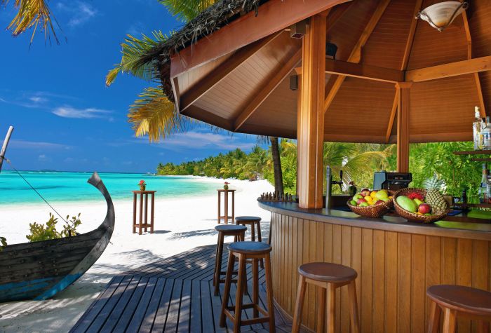 Картинка бар на берегу экзотического острова, пляж, пальмы, отдых