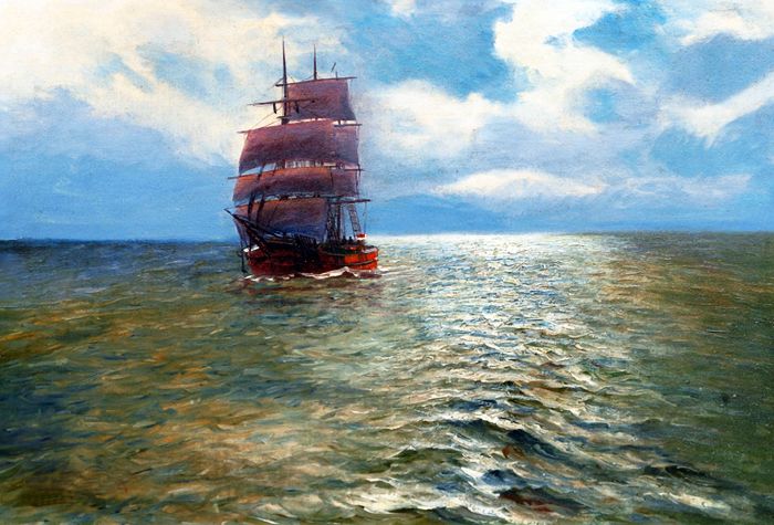 Картинка корабль, парусник плывет по морю, живопись