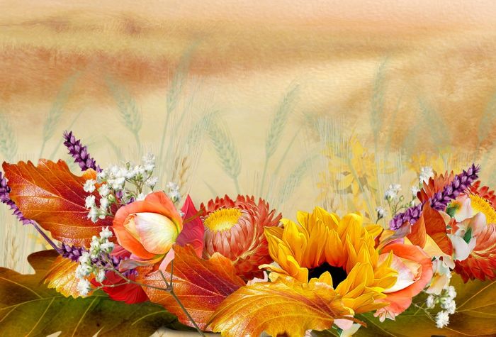 Картинка цветы, листья, колоски в поле, живопись