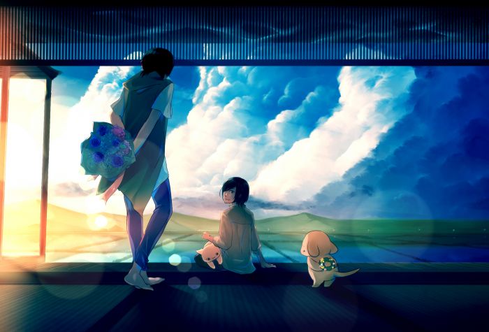 Картинка парень с цветами, девушка, аниме, панорамное окно, тучи