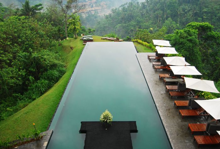 Картинка Бали, Индонезия, бассейн, шезлонги среди тропического леса