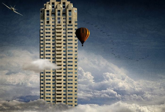 Картинка небоскреб, воздушный шар, самолет