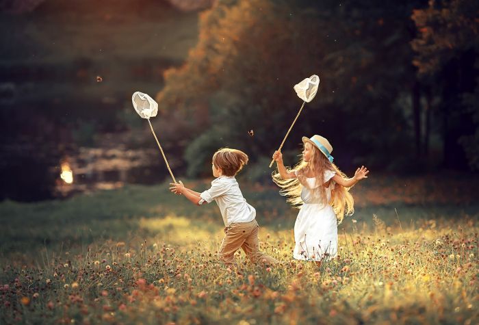 Картинка дети с сачками ловят бабочек на поле