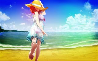аниме девушка в шляпе на пляже возле моря