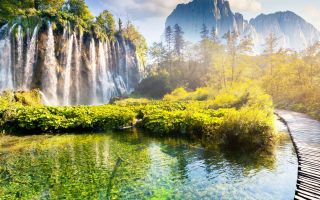 водопад, зеленые кустарники, деревья и скалы
