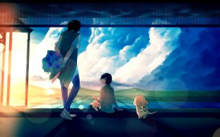 парень с цветами, девушка, аниме, панорамное окно, тучи