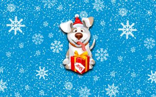 новогодняя собака с подарком на фоне снежинок