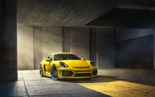 Porsche Cayman машина, суперкар желтого цвета