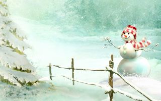 забавный снеговик в заснеженном лесу