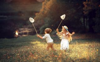 дети с сачками ловят бабочек на поле